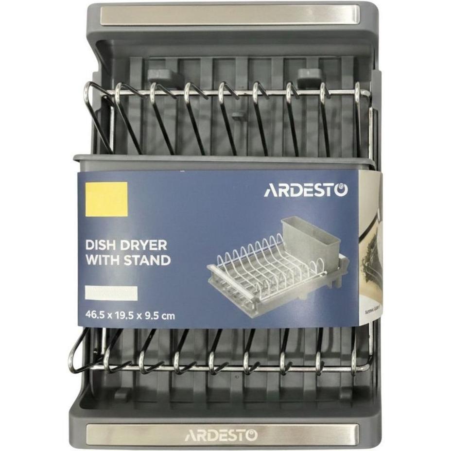 Сушарка для посуду з підставкою Ardesto Minimalism 46.5x19.5x9.5см, пластик, хромоване залізо, сталь, сірий темний ARHK4103GS